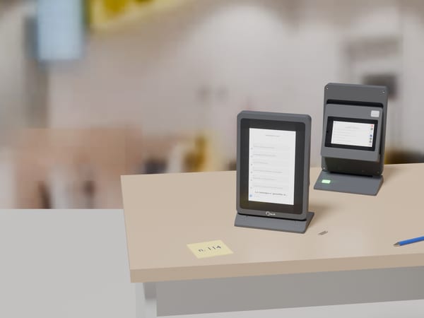 The counter of a post office: the 8-inch display facing the visitor and the operator module beside it.