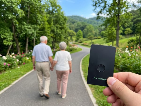 Two elderly people walking hand in hand along a park path; in the foreground a hand holds a card-format Meshtastic tracker.