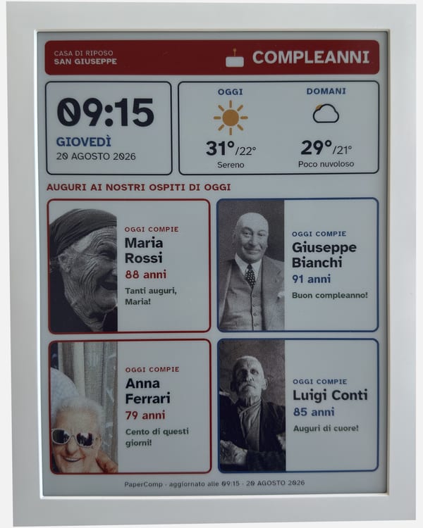 The same label shows today's birthdays: four panels with the photograph and name of each resident.
