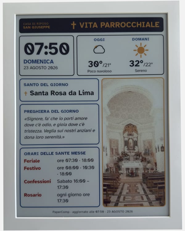 The same label shows parish life: the day's devotional image and the times of the services.